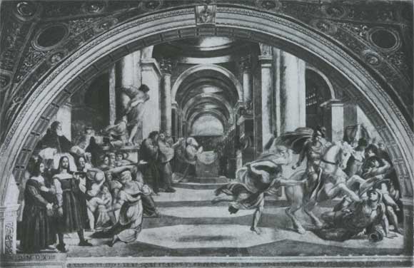 Рафаэль. Изгнание Илиодора. Фреска в станце Илиодора в Ватикане. 1511—1514.