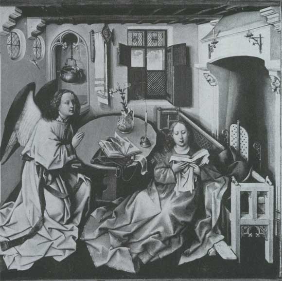 Флемальский мастер. Благовещенье. Центральная часть триптиха. Ок. 1424—1428. Нью-Йорк, Музей Метрополитен.