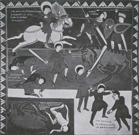 Деяния антихриста. Миниатюра Апокалипсиса из Сен-Севера. 1023—1072. Париж, Национальная библиотека.