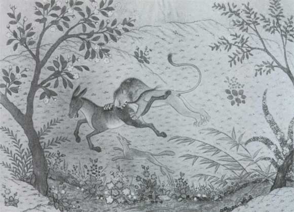 Лев, осел и шанал. Миниатюра из рукописи «Калила и Димна». 1420. Музей Гюлистан в Тегеране.