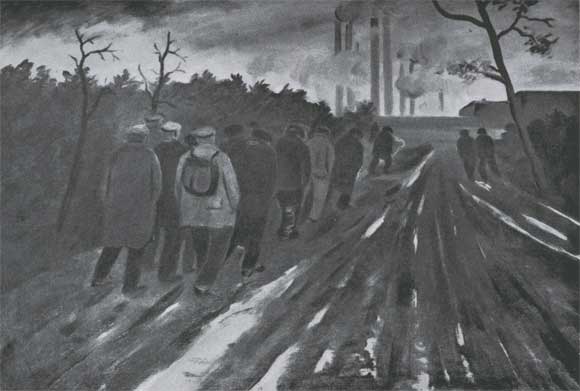 О. Нагель. Утренняя смена. 1930. Дрезден, Картинная галерея.